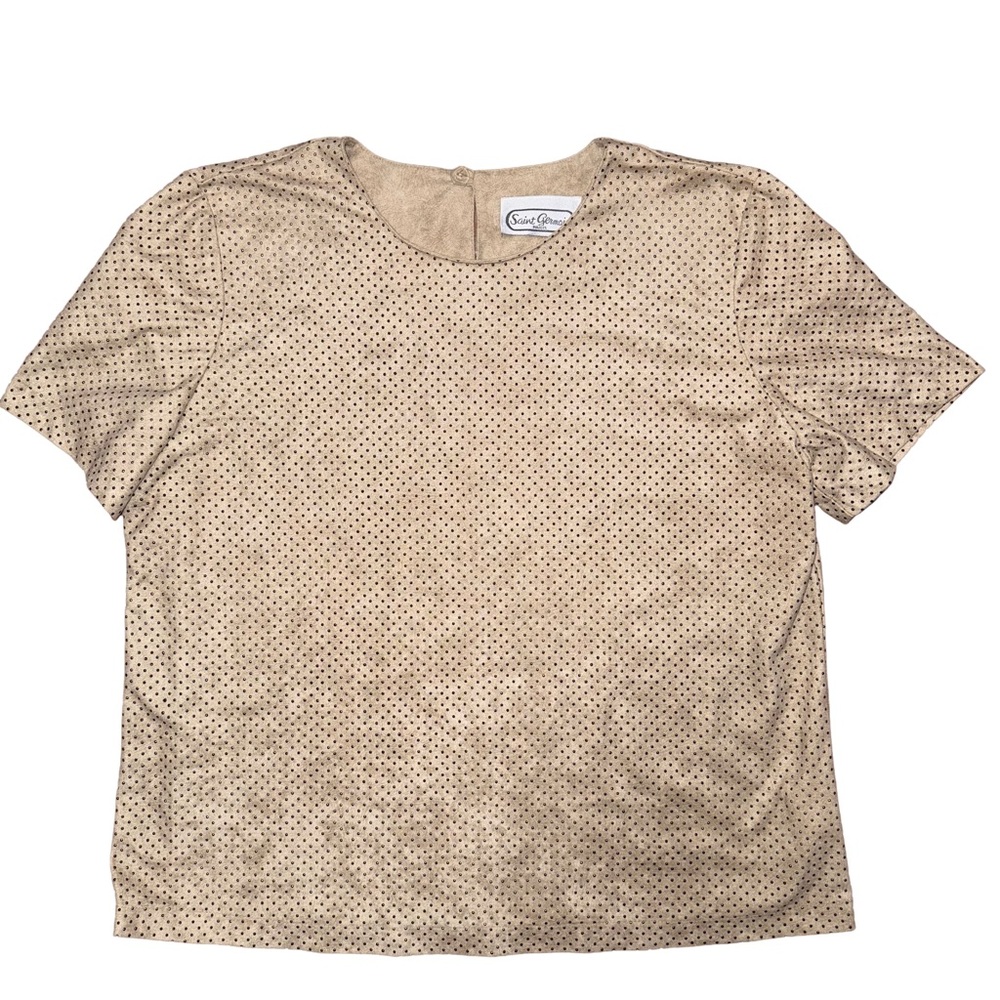 💙💖 Vintage Saint Germain Paris Faux Suede Studded Tan‎ Short Sleeve Top
